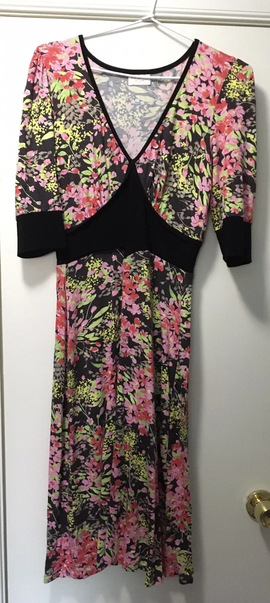 VINTAGE Leona Edmiston Frocks Pink And Black Floral V Neck Dress