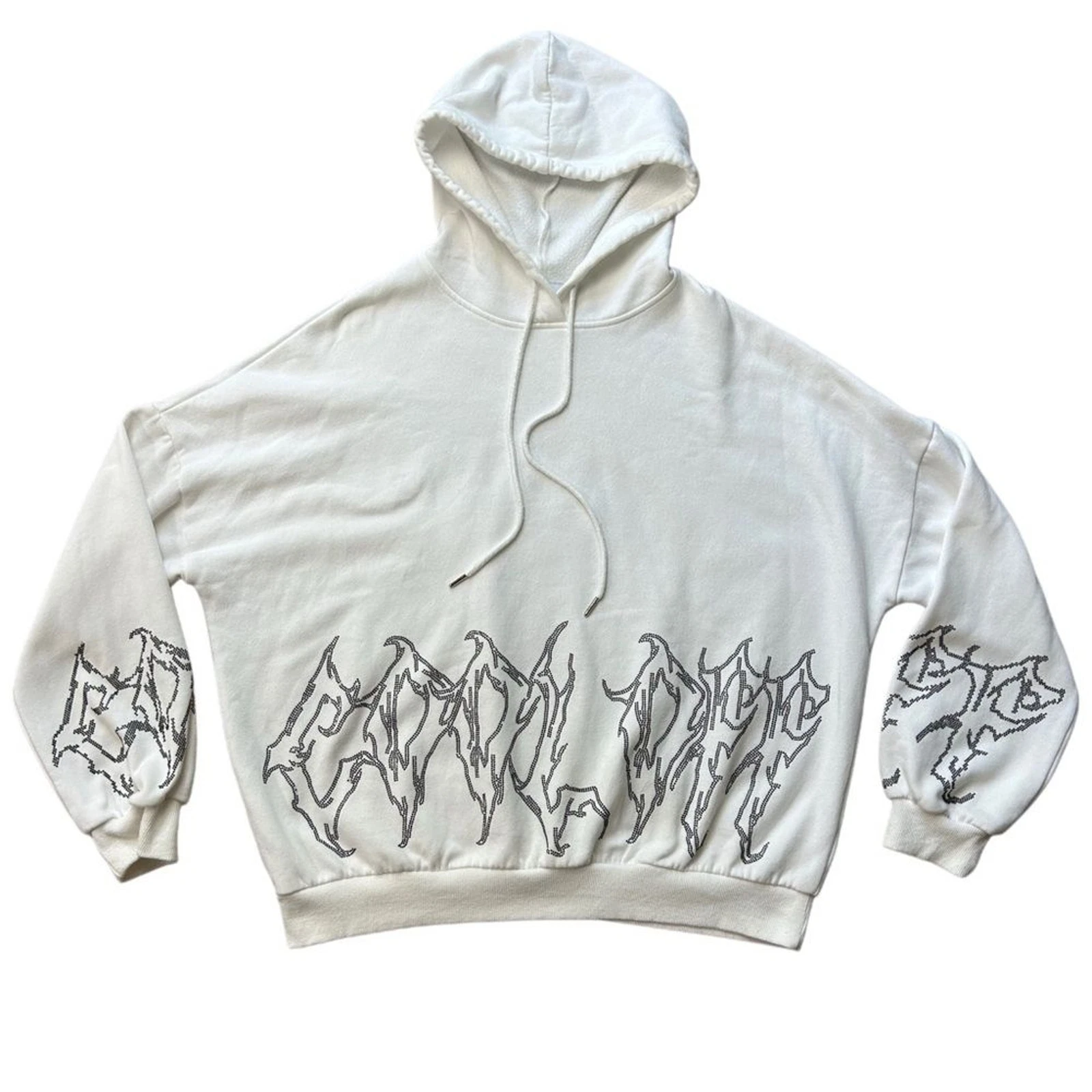 OFF WHITE Felpa con cappuccio pullover bianca Adika fiamma strass "Cool Off" taglia media