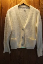 LIZ CLAIBORNE WHITE SO SOFT FUZZY CARDIGAN SWEATER FAUX RHINESTONE BUTTONS SZ M