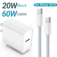 For iPhone 15 16e 17 Pro iPad USB-C To Type C PD Fast Charger Cube Braided Cord