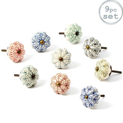 Floral Keramik Schrankknöpfe - 9 Farben - 9 Stück