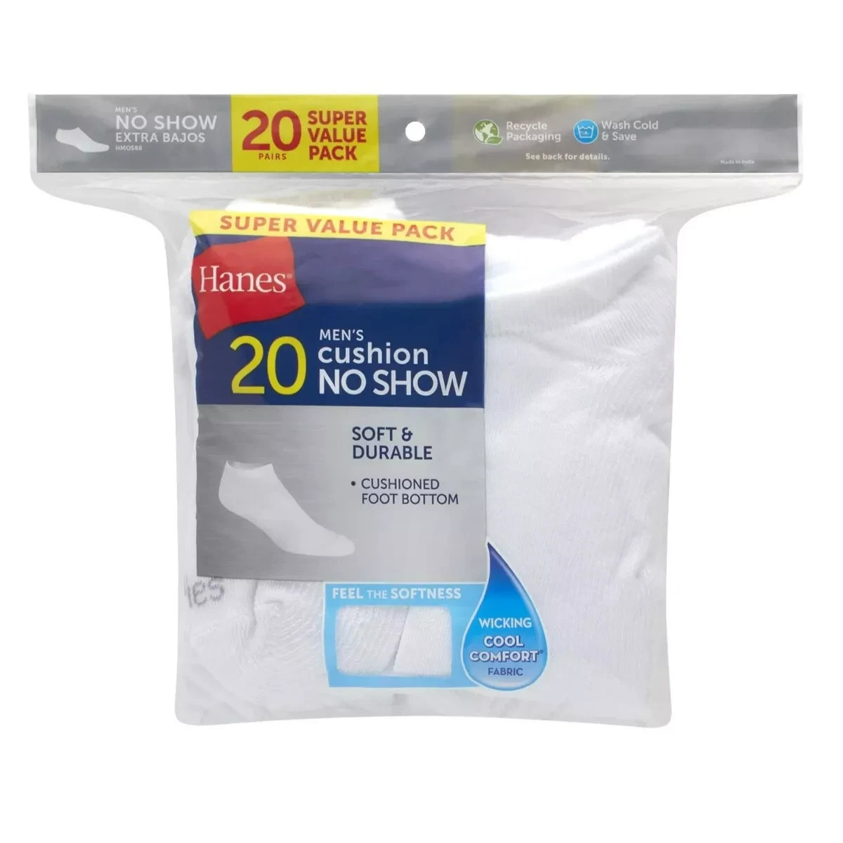 Hanes Moisture-Wicking No-Show Socks 20-Pack for Men Size 6-12 in White-image