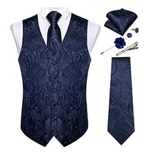 Mens Paisley Vest Tie Set with Lapel Pin Tie Clip 7PCS Medium Navy Paisley