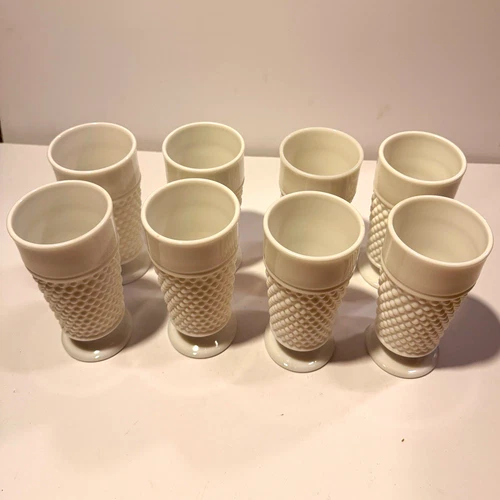 Set of 8 white milk glass hobnail footed tumblers