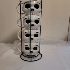 Set of 4 Stacking Skull Skeleton Mugs & Metal Storage Rack HALLOWEEN 