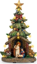 Musical Christmas Tree Nativity Scene with Figurines LED Light, Christmas Holy F