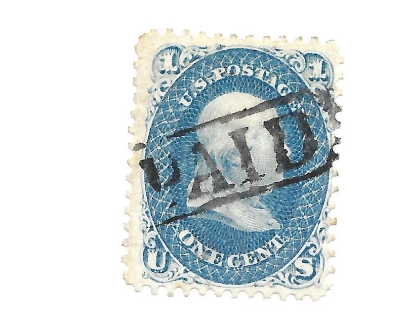 SCOTT 63, 1c Franklin, SOTN  'PAID'-in-LOZENGE, Excellent color, Double Transfer