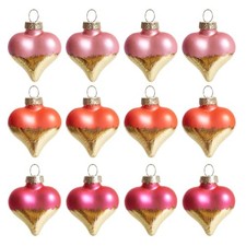 12Pcs Heart Shaped Ornaments, Glass Valentine  s set of 12 Pink  Gold  Red