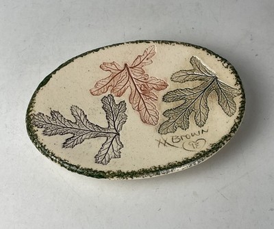 Anna L. Brown Handcrafted Studio Art Pottery Soap Dish, Signed 1998, Leaf Design
