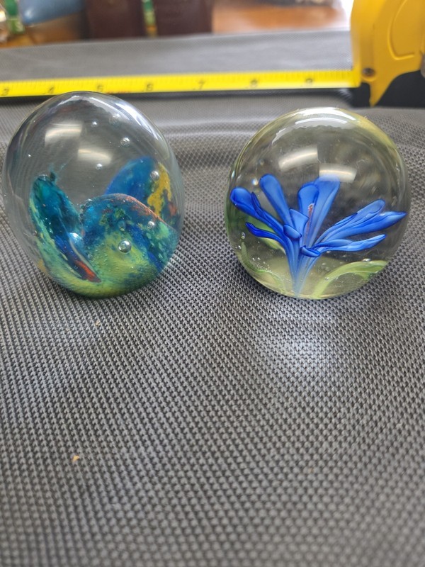 Lot of 2 Unique Hand Blown Glass Paper Weights Open Flower & Abstract Waves