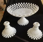 Westmoreland White Milkglass LATTICE EDGE CONSOLE SET Pedestal Bowl Candlesticks