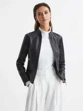 NWT REISS ALLIE LEATHER COLLARLESS BIKER JACKET Sz 6 T83-907