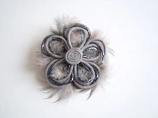 Brooch Flower Feathers, Fabric Glass Beads Gray Blue 8.8 g/Ø 7.0 cm