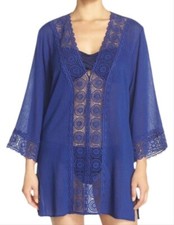 La Blanca Island Fare Midnight Crochet Trim Tunic Swim Cover Up XS NWT