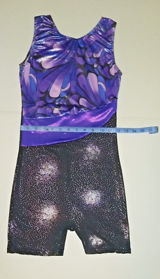 Leotard Gymnastics Metallic Black Purple Starburst Onepiece Dance Shorts Modest