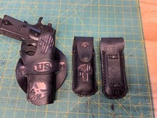 Handmade Leather Holster 2 mag pouches 1911 Punisher Carving