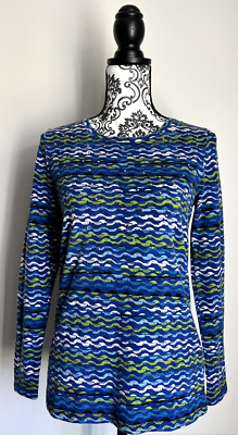 Rafaella - Weekend - Blue & Green Wavy Long Sleeve Top - Size Small