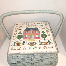 AZAR Wicker Deluxe Sewing Basket  Blue/ White Sampler Print Top '70's Vintage