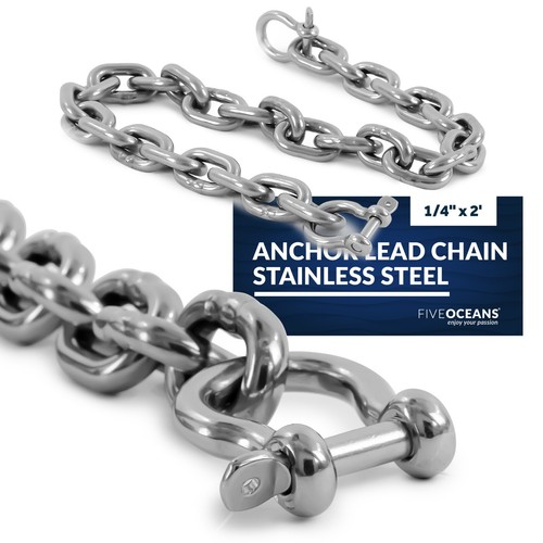 Boat Anchor Lead Chain with Shackles, 1/4" x 2' HTG4 Stainless Steel Chain
