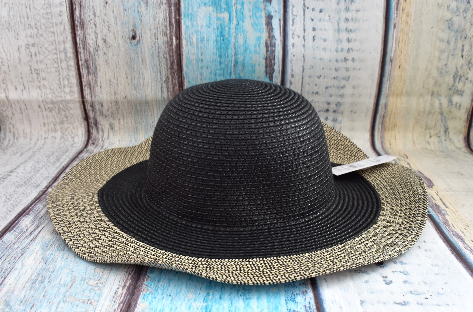 Women's Time and Tru Striped Floppy Straw Hat ONE SIZE Black Stripe NEW