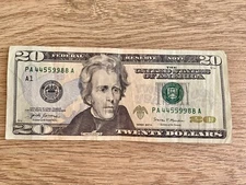 20 Dollars Very Cool Serial Number Dollar Bill Circulated.