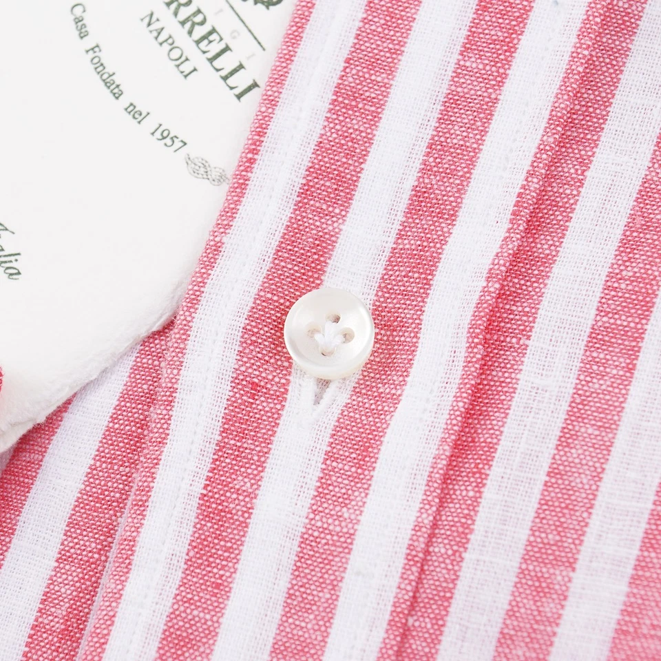 Camisa de vestir Luigi Borrelli ajustada a rayas frambuesas lino-algodón 15,5 nueva con etiquetas Foto 3 de 4