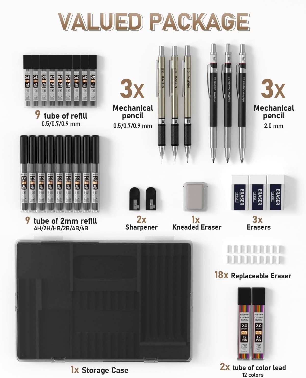 35PCS Black Metal Mechanical Pencils Set in Case, Art Drafting Pencil 0.5, 0.7,