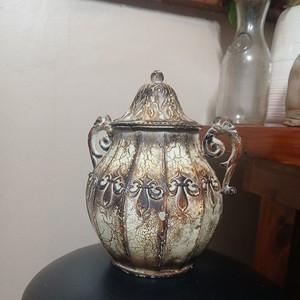 Vintage Distressed 11"H Metal Decorative Ginger Jar with Chained Lid