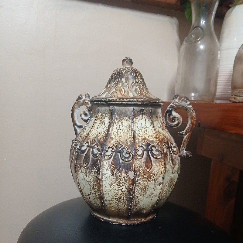 Vintage Distressed 11"H Metal Decorative Ginger Jar with Chained Lid
