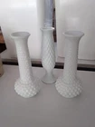 3 E.O. Brody Co White Milk Glass Hobnail Bud Flower Vase Mid Century 7 1/2" MCM