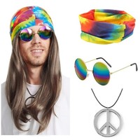 Hippie KostüM Set, PerüCke + Bunte Haarband + Brille + Halskette, Hippie Kost...