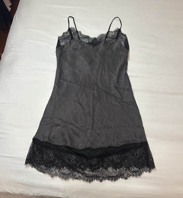 Etam France 100% Silk Chemise Slip Dress S Gray Black Lace Trim Y2K Euro Women
