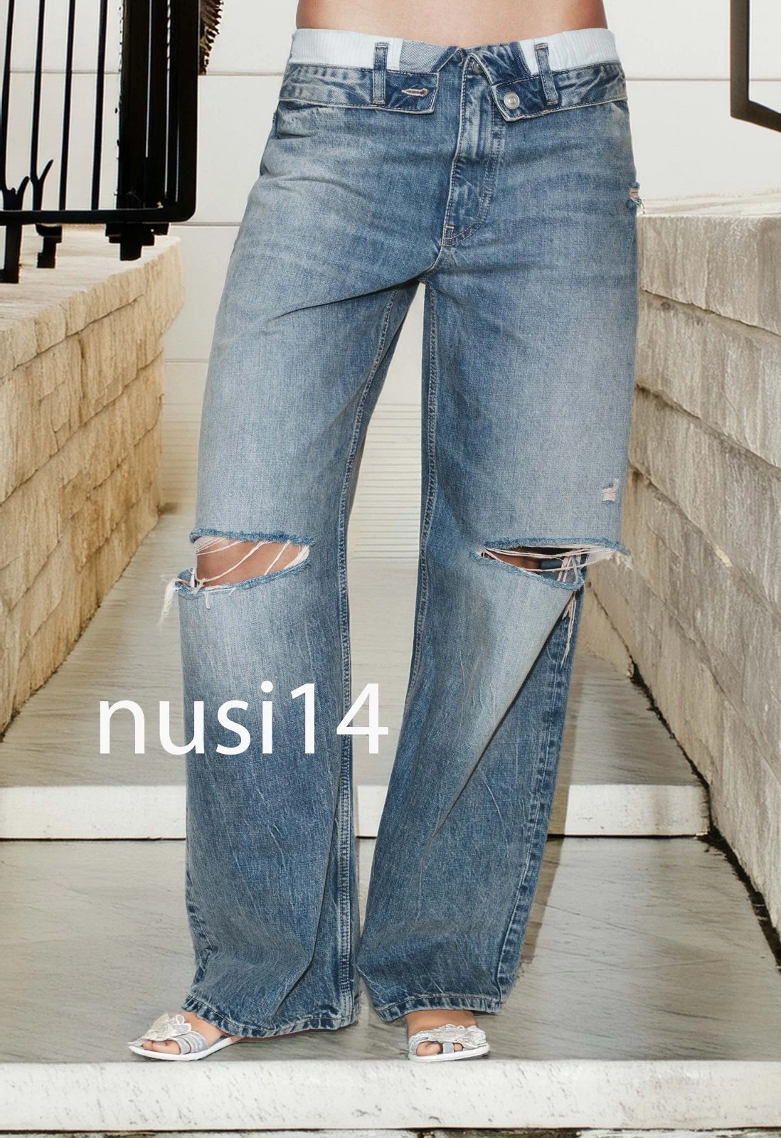 ZARA NEW WOMAN TRF MID-RISE FOLDED WAIST JEANS RIPPED PANT BLUE 6688/015/400