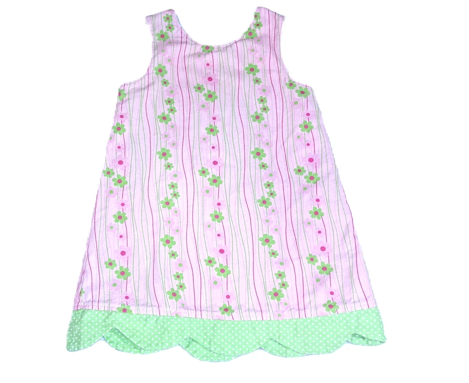 Девочек винтажный CHEZ AMI розовый зеленый двустороннее платье 4T вышитая саржа джинсовой ткани цветочный - Изображение 2 из 4