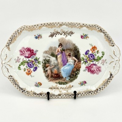 VTG CICO Bavaria Germany Oval Porcelain Serving Tray Ladies & Cherub Floral