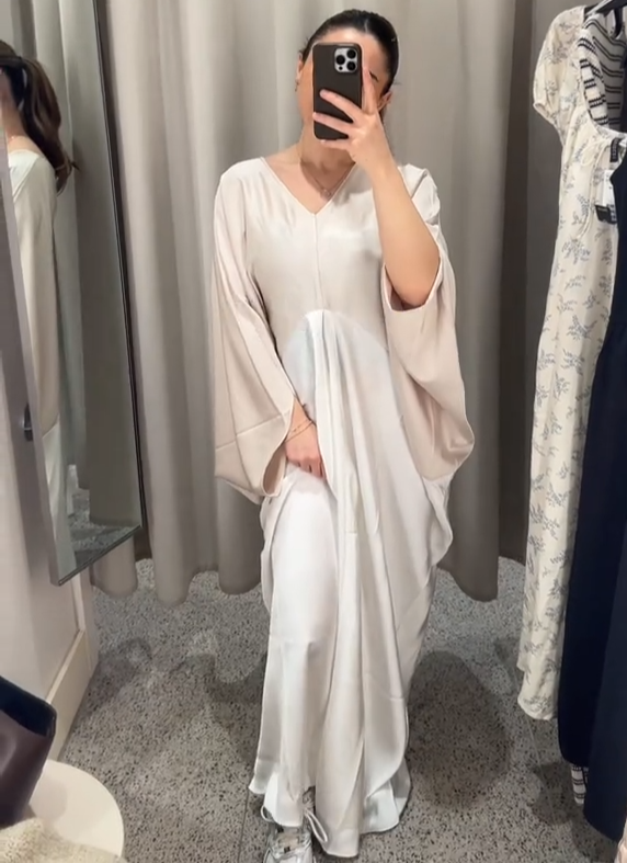 satin kaftan dress h&m H&M Limited Edition Satin Long Kaftan V-Neck Dress Beige White Size XS/S M/L New