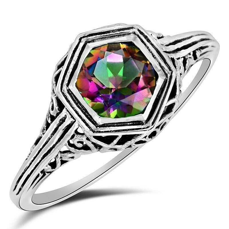 1CT Heat Treated Rainbow Topaz 925 Sterling Silver Edwardian Ring Sz 8 XB3-8