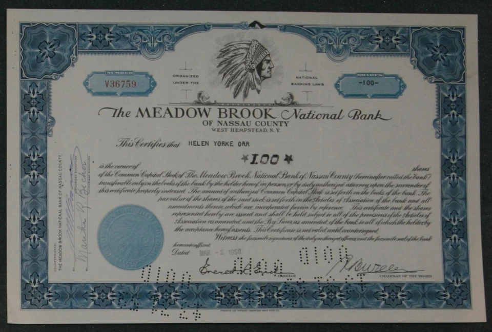 The Meadow Brook National Bank 1960 100 Shares - Bild 1 von 1