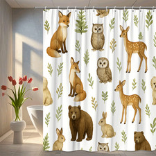 Cute Animal Shower Curtain with Forest Theme, Waterproof Fabric