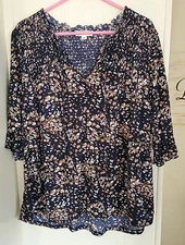 Indigo Rose Women's Pullover Blouse Size 2X 3/4 Sleeve Black Brown & White Print