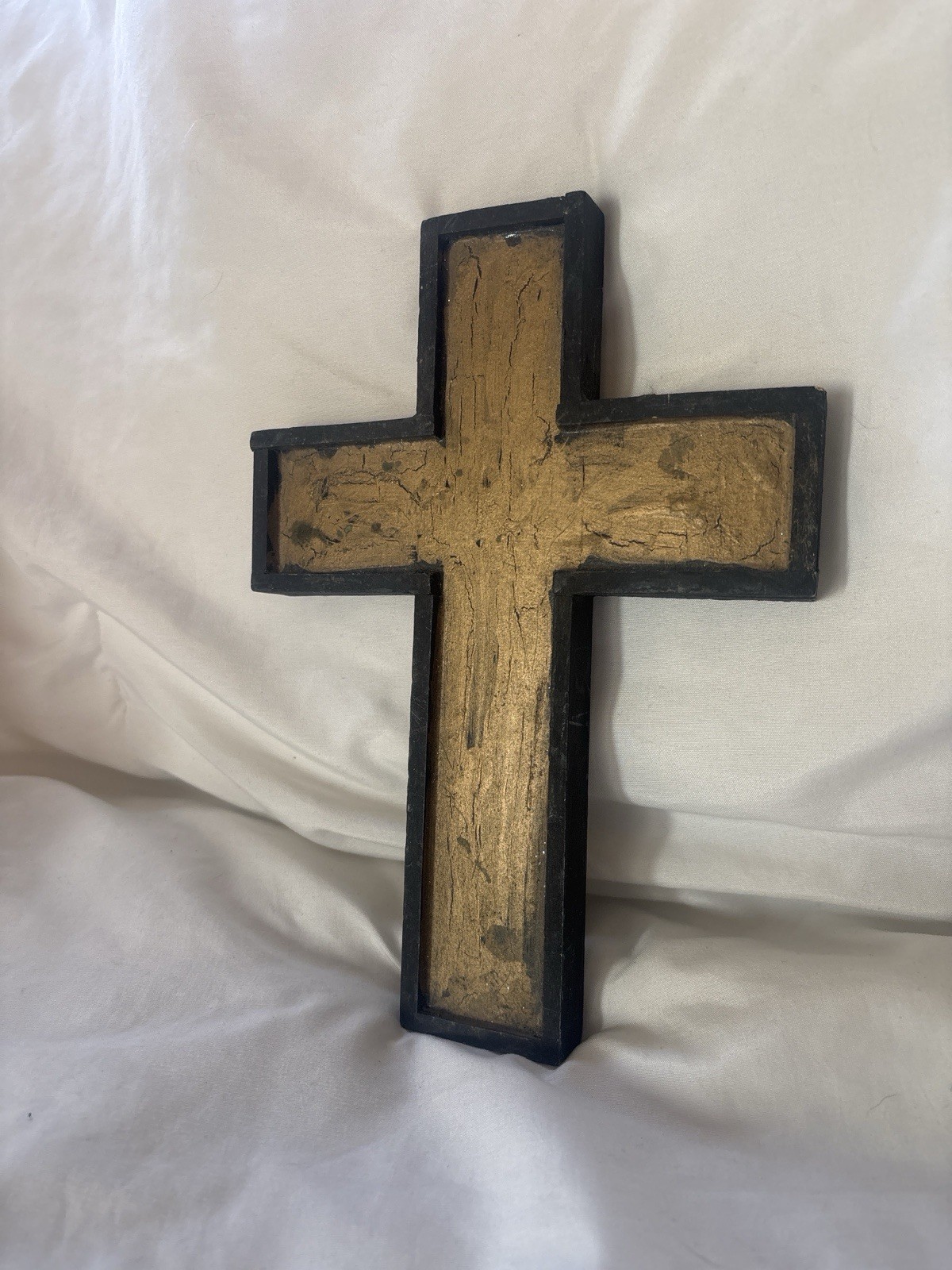 Handmade Wooden Wall Cross Gold Black Rustic Folk Art Religious Decor 9x7