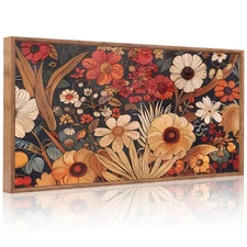 Boho Burnt Orange Terracotta Wildflowers Framed Wall Art(40"x20"), Abstract F...