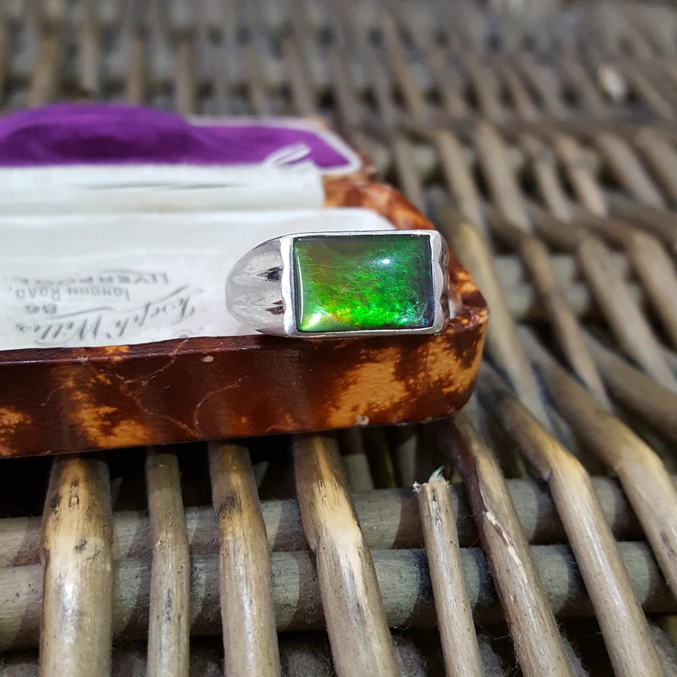 Anillo de plata de ley 925, anillo de sello de ammolita canadiense natural, tamaño P.5 EE. UU. 7.75 Foto 4 de 4