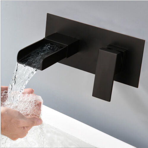 Waterfall Black Wall Mounted Widespread 2PCs Tap Set Basin Sink Mixer Faucet Set - Afbeelding 1 van 11