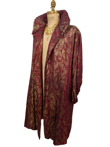 Antique Vtg 20s Gold Silk Brocade Lamé Feather Opera Clutch Coat Stand Up Collar - Picture 14 of 24