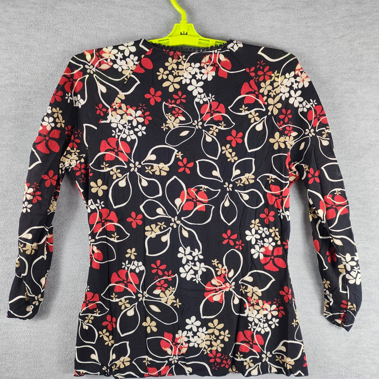 Style & Co Woman Cross Over Neck Y2K Stretch Blouse S Black Red Floral Ruched