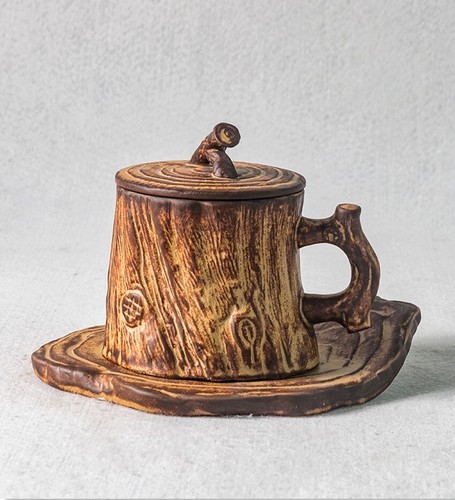 Tlife x Stool Handcrafted Japanese Tree Stump Ceramic Coffee Cup Saucer Set - Picture 2 of 11
