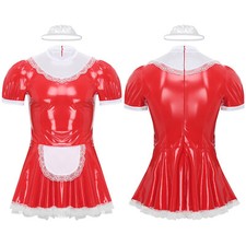 Men's French Maid Fancy Dress Costume Sissy PVC Leather Lingerie