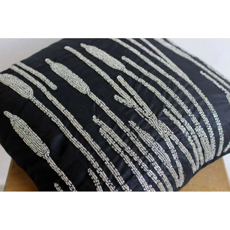 Pillow Cover Black 16"x16", Room Decor Silk Paddy Beaded - Black Beauty Foto 3 de 4