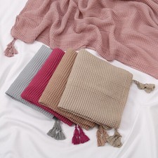 Women's Tassel Plaid Scarf Muslim Shawls Hijabs Crinkle Headscarves 10 Colors